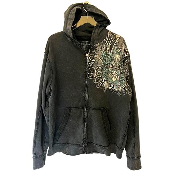 Y2K Affliction Grunge Studded Full Zip Hoodie Jacket XL Black Gray Distressedk - Picture 2 of 9